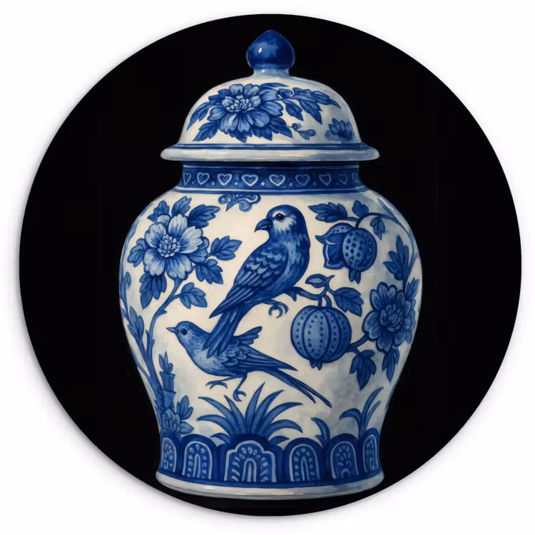 Pot - Delfts Blauw - Bloemen Wandcirkel kunststof plaat 5mm dik klein -3d