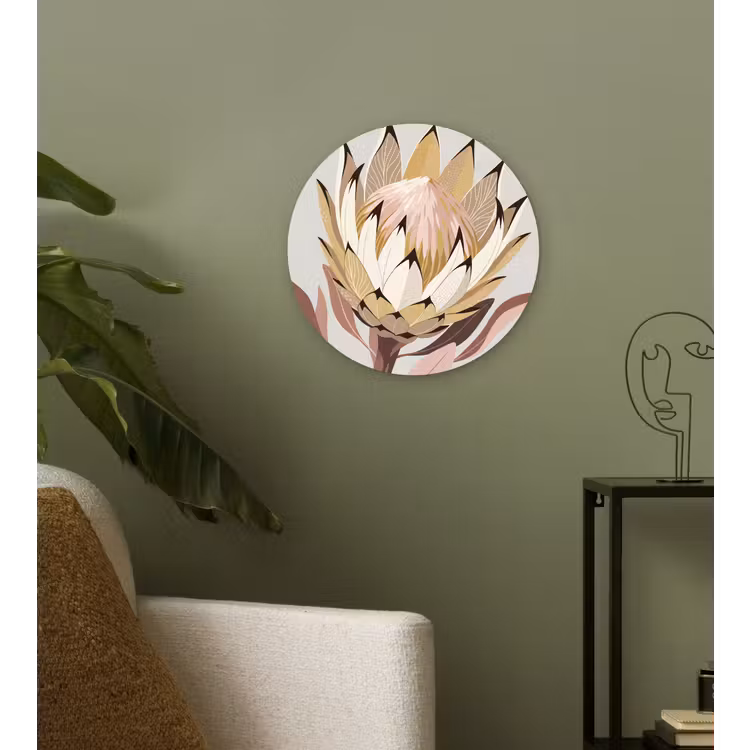 Protea - Bloem - Botanisch - Beige Wandcirkel kunststof plaat 5mm dik klein -sfeer3