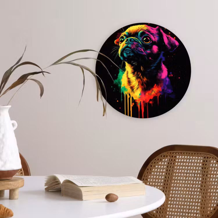 Puck - Hond - Verf - Kleuren Wandcirkel kunststof plaat 5mm dik klein -sfeer4