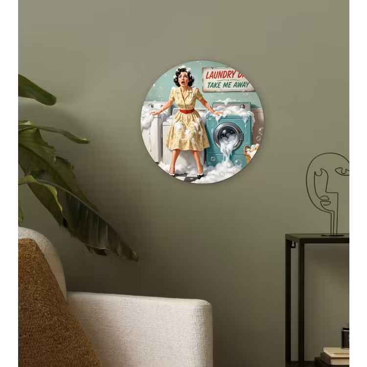 Retro - Blauw - Vrouw Wandcirkel kunststof plaat 5mm dik klein -sfeer3