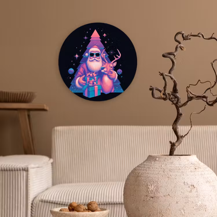 Retro - Kerstman - Rendieren - Kerstboom Wandcirkel kunststof plaat 5mm dik klein -sfeer1