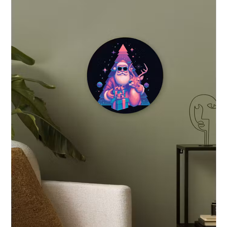 Retro - Kerstman - Rendieren - Kerstboom Wandcirkel kunststof plaat 5mm dik klein -sfeer3