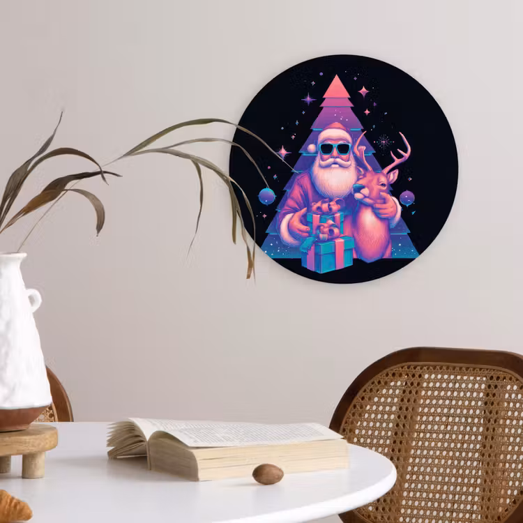 Retro - Kerstman - Rendieren - Kerstboom Wandcirkel kunststof plaat 5mm dik klein -sfeer4
