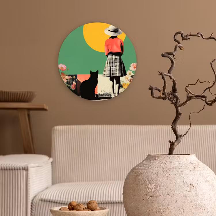 Retro - Meisje - Kat - Zon Wandcirkel kunststof plaat 5mm dik klein -sfeer1