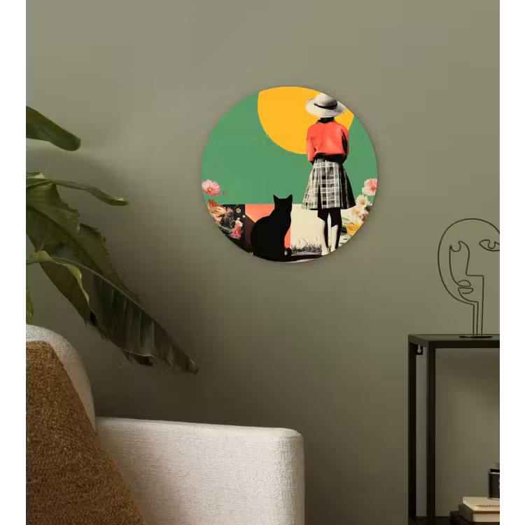 Retro - Meisje - Kat - Zon Wandcirkel kunststof plaat 5mm dik klein -sfeer3
