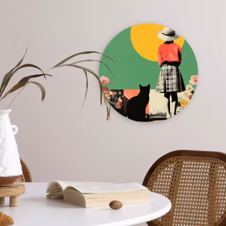 Retro - Meisje - Kat - Zon Wandcirkel kunststof plaat 5mm dik klein -sfeer4