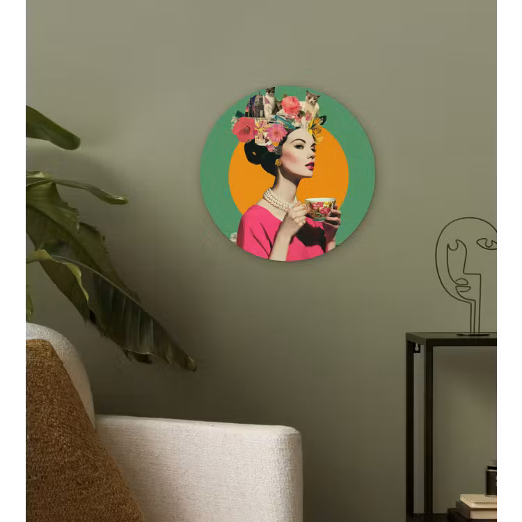 Retro - Vrouw - Stad - Zon Wandcirkel kunststof plaat 5mm dik klein -sfeer3