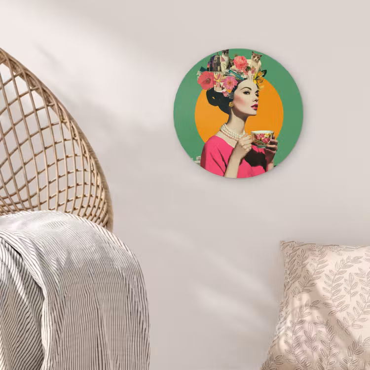 Retro - Vrouw - Stad - Zon Wandcirkel kunststof plaat 5mm dik klein -sfeer5