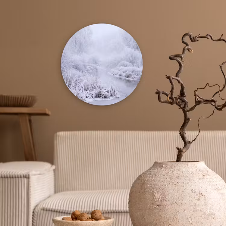 Rivier - Sneeuw - Bos - Winter - Schilderachtig Wandcirkel kunststof plaat 5mm dik klein -sfeer1