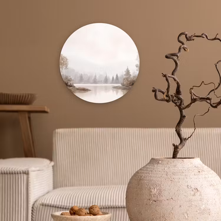 Rivierlandschap - Minimalistisch - Aardetinten Wandcirkel kunststof plaat 5mm dik klein -sfeer1