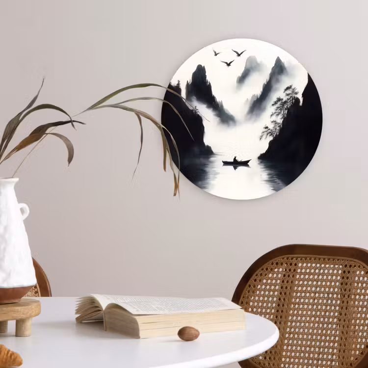 Roeiboot - Mistig - Bergen - Vogels Wandcirkel kunststof plaat 5mm dik klein -sfeer4