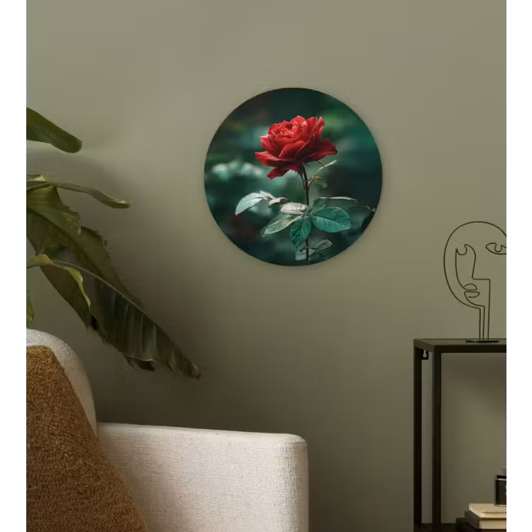 Roos - Bladeren - Dieprood Wandcirkel kunststof plaat 5mm dik klein -sfeer3