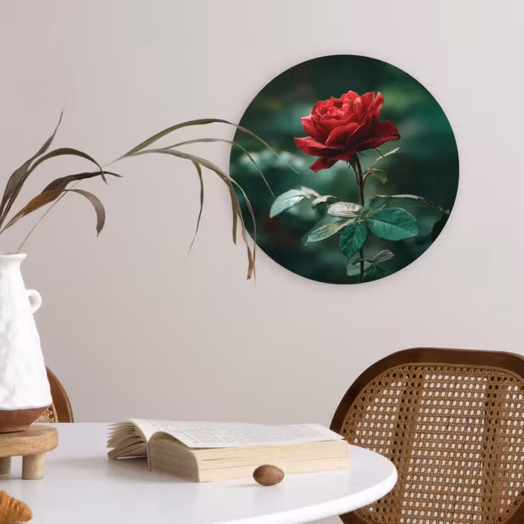Roos - Bladeren - Dieprood Wandcirkel kunststof plaat 5mm dik klein -sfeer4