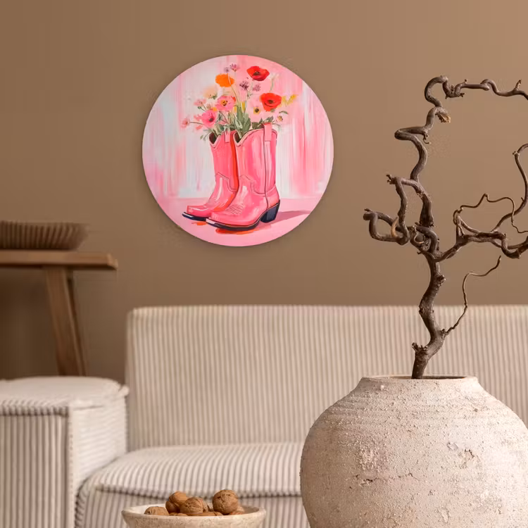 Roze - Bloemen - Cowboy Wandcirkel kunststof plaat 5mm dik klein -sfeer1