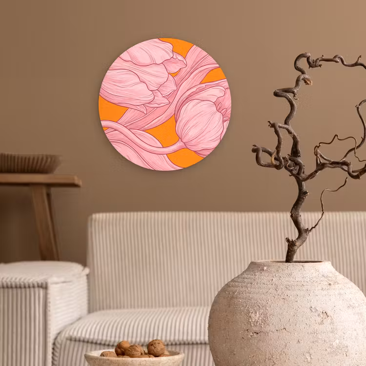 Muurcirkel - Roze bloemen - Modern - Roze bloemen - Modern Wandcirkel kunststof plaat 5mm dik klein
