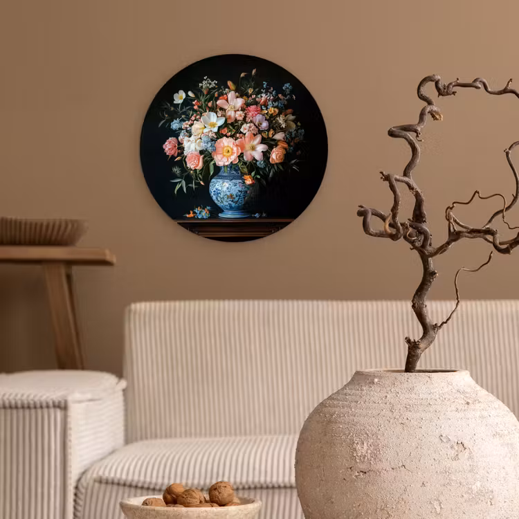Roze - Bloemen - Vaas - Kleuren Wandcirkel kunststof plaat 5mm dik klein -sfeer1