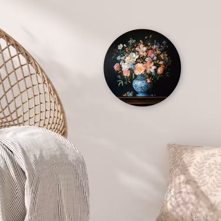 Roze - Bloemen - Vaas - Kleuren Wandcirkel kunststof plaat 5mm dik klein -sfeer5