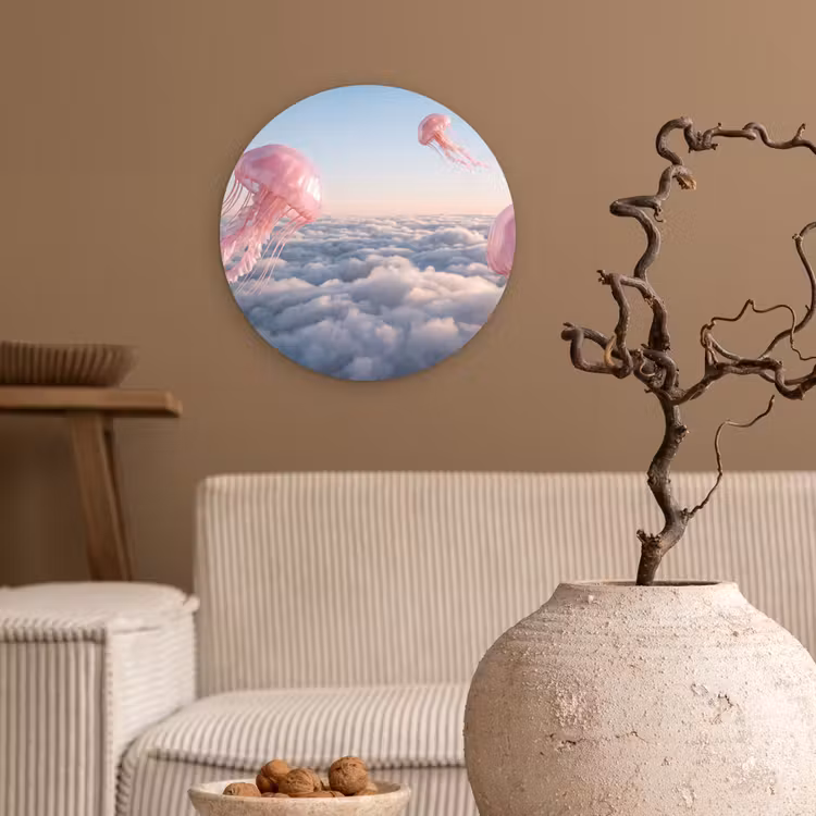 Muurcirkel - Roze dier - Wolken - Roze dier - Wolken Wandcirkel kunststof plaat 5mm dik klein