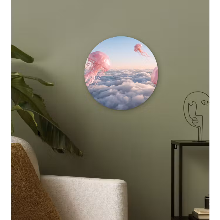 Muurcirkel - Roze dier - Wolken - Roze dier - Wolken Wandcirkel kunststof plaat 5mm dik klein