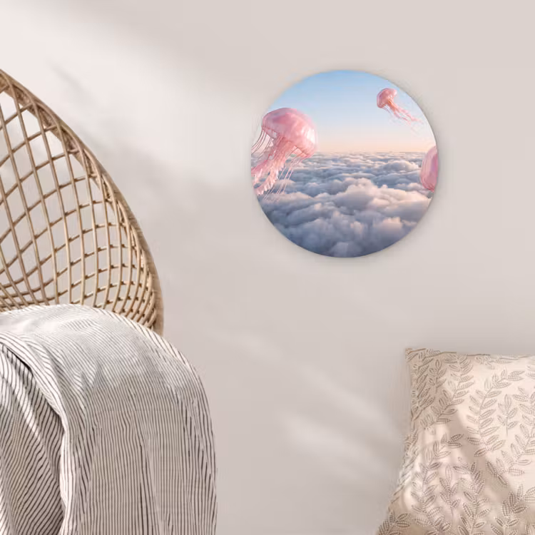 Muurcirkel - Roze dier - Wolken - Roze dier - Wolken Wandcirkel kunststof plaat 5mm dik klein