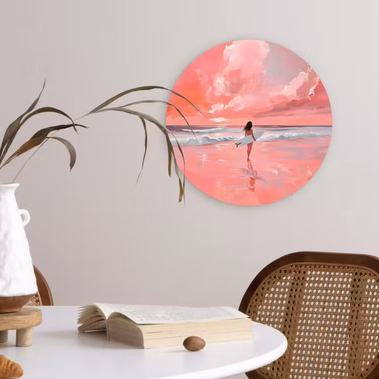 Roze - Surfen - Zee Wandcirkel kunststof plaat 5mm dik klein -sfeer4