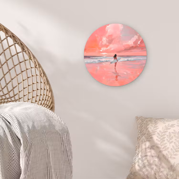 Roze - Surfen - Zee Wandcirkel kunststof plaat 5mm dik klein -sfeer5