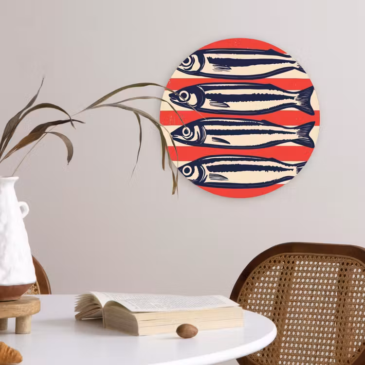Sardines - Rood en beige strepen Wandcirkel kunststof plaat 5mm dik klein -sfeer4