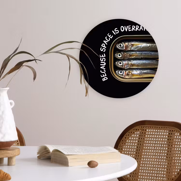 Sardines - Tekst - Vis - Blik Wandcirkel kunststof plaat 5mm dik klein -sfeer4
