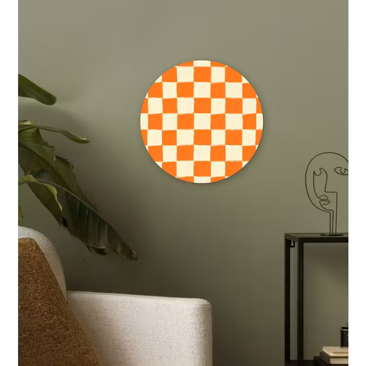 Schaak - Patroon - Oranje Wandcirkel kunststof plaat 5mm dik klein 188 -sfeer3