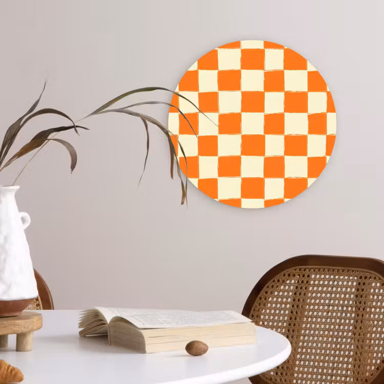 Schaak - Patroon - Oranje Wandcirkel kunststof plaat 5mm dik klein 188 -sfeer4