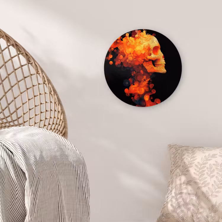 Schedel - Oranje - Zijaanzicht - Vlammen Wandcirkel kunststof plaat 5mm dik klein -sfeer5