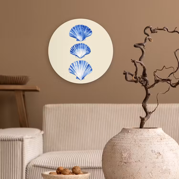 Schelpen - Blauw - Beige Wandcirkel kunststof plaat 5mm dik klein -sfeer1