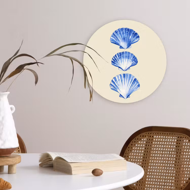 Schelpen - Blauw - Beige Wandcirkel kunststof plaat 5mm dik klein -sfeer4