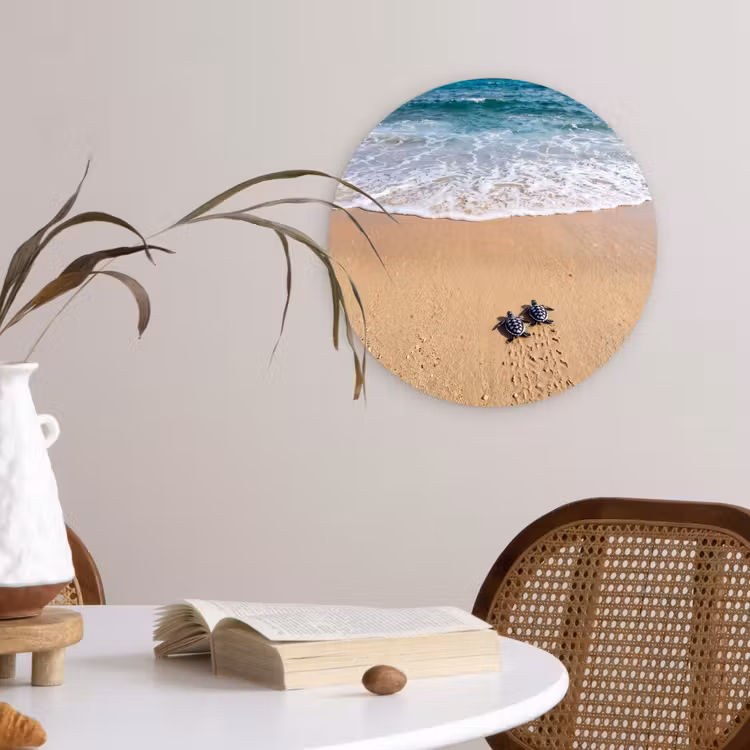 Schildpad - Jong - Strand - Oceaan - Blauw Wandcirkel kunststof plaat 5mm dik klein -sfeer4