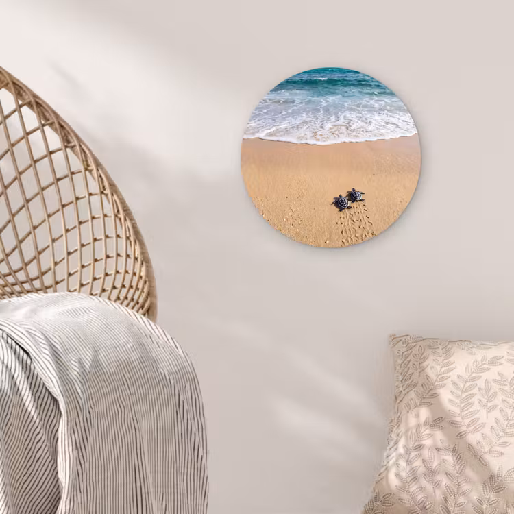 Schildpad - Jong - Strand - Oceaan - Blauw Wandcirkel kunststof plaat 5mm dik klein -sfeer5