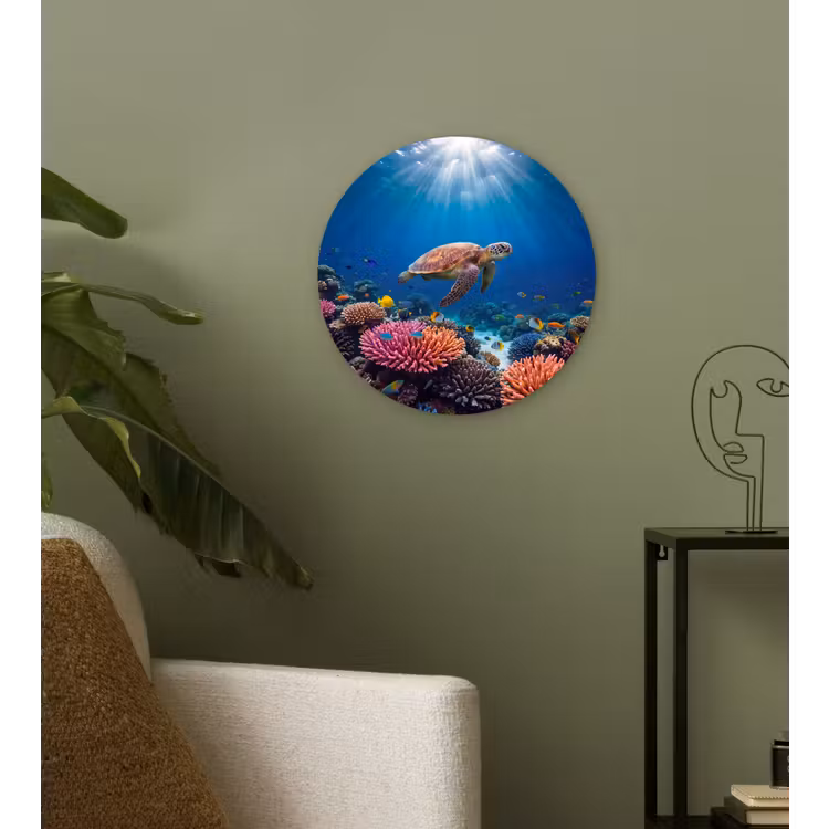 Schildpad - Koraalrif - Oceaan - Dieren - Blauw Wandcirkel kunststof plaat 5mm dik klein -sfeer3