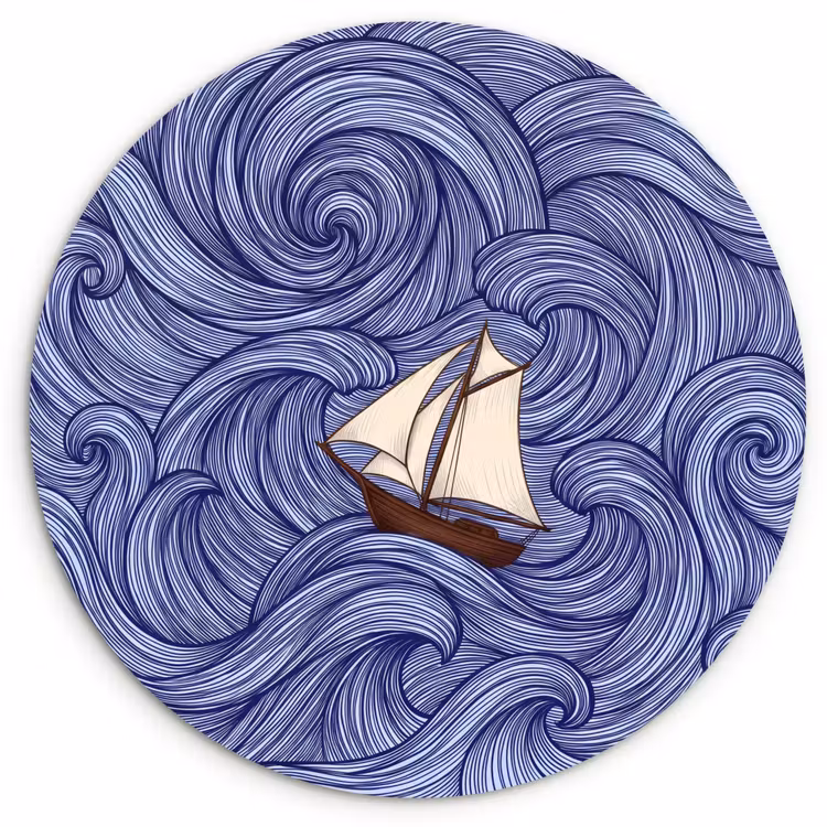 Schip - Golven - Zee - Illustratie - Blauw Wandcirkel kunststof plaat 5mm dik klein -3d