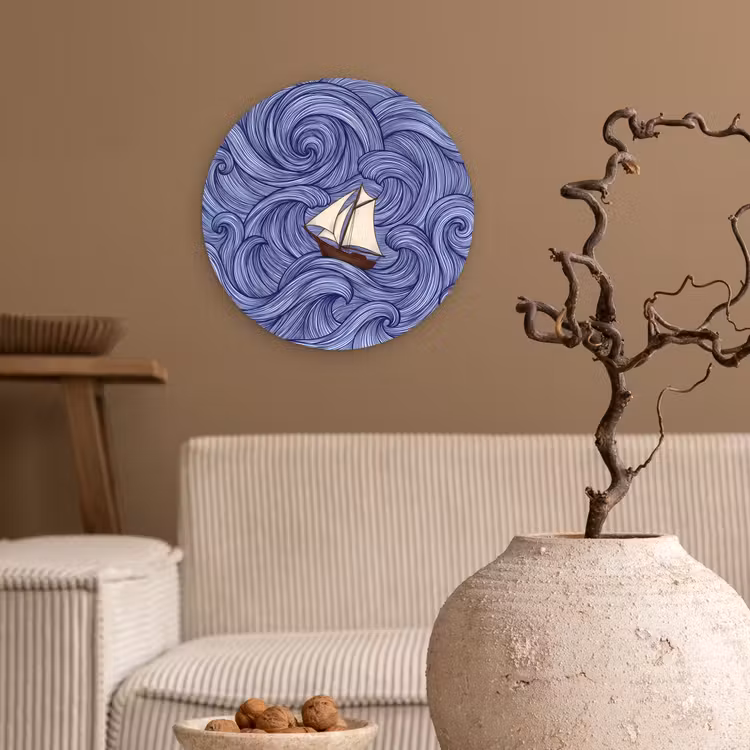 Schip - Golven - Zee - Illustratie - Blauw Wandcirkel kunststof plaat 5mm dik klein -sfeer1