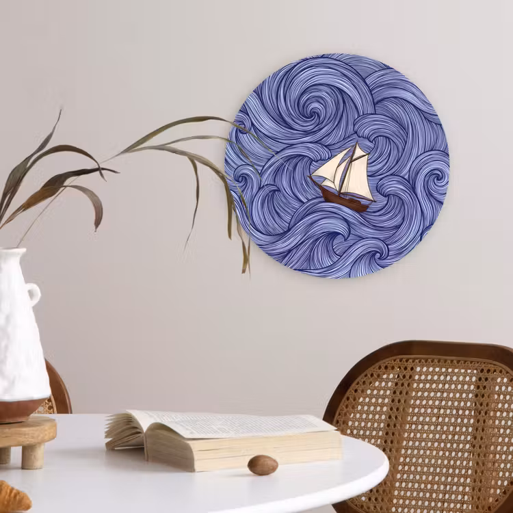 Schip - Golven - Zee - Illustratie - Blauw Wandcirkel kunststof plaat 5mm dik klein -sfeer4