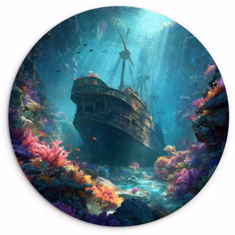 Schip - Hout - Koraalriffen - Zonlicht Wandcirkel kunststof plaat 5mm dik klein -3d