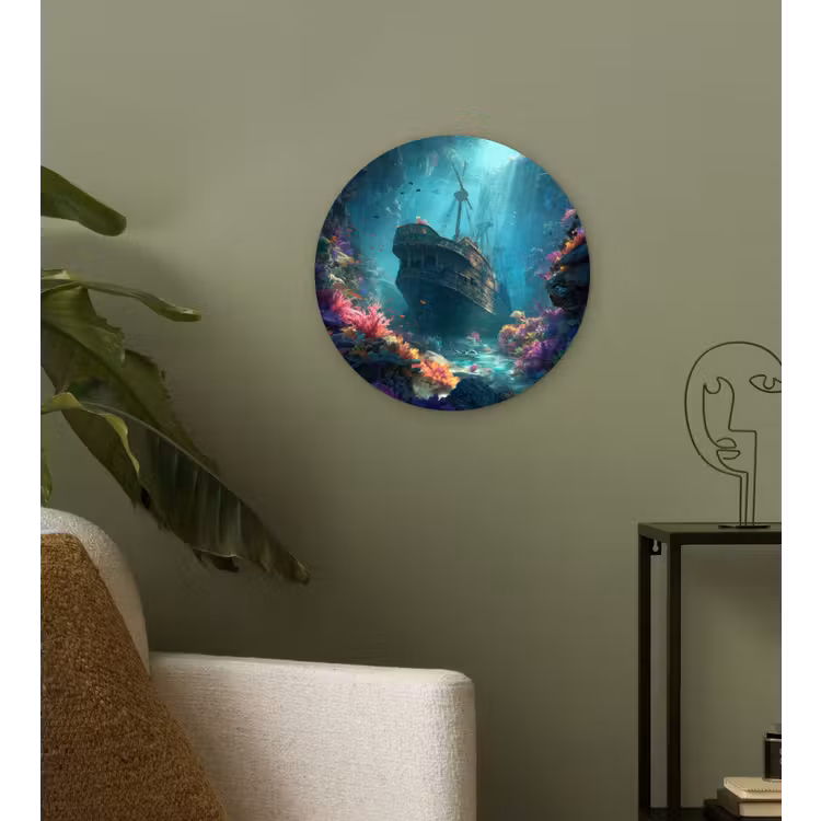 Schip - Hout - Koraalriffen - Zonlicht Wandcirkel kunststof plaat 5mm dik klein -sfeer3
