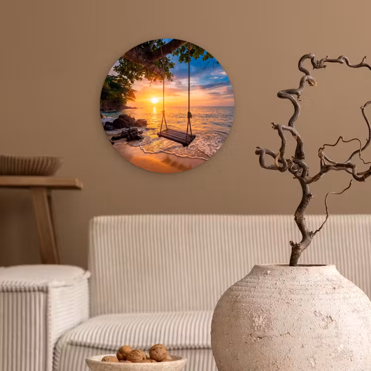 Schommel - Strand - Zonsondergang - Natuur - Oranje Wandcirkel kunststof plaat 5mm dik klein -sfeer1