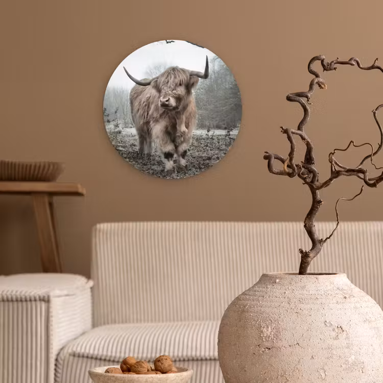 Schotse Hooglander - Bos - Mist - Koe - Dieren - Natuur Wandcirkel kunststof plaat 5mm dik klein -sfeer1