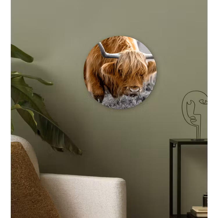 Schotse Hooglander - Dieren - Bruin - Koe - Zwart - Wit - Natuur Wandcirkel kunststof plaat 5mm dik klein -sfeer3
