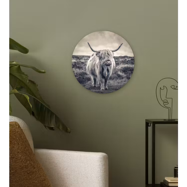 Schotse hooglander - Dieren - Wolken - Koe - Natuur Wandcirkel kunststof plaat 5mm dik klein -sfeer3