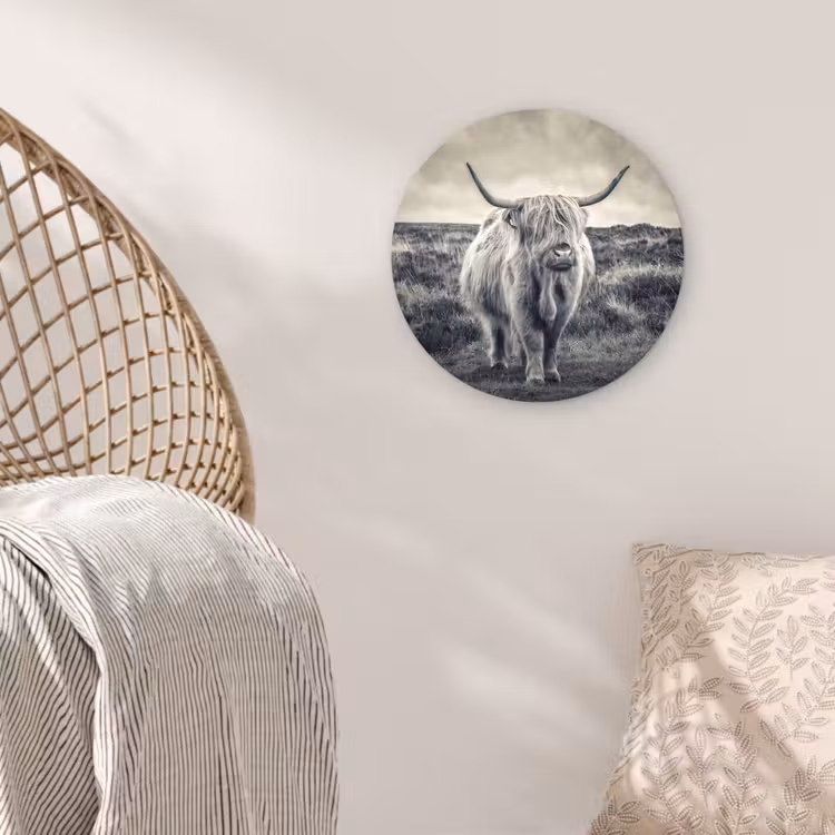Schotse hooglander - Dieren - Wolken - Koe - Natuur Wandcirkel kunststof plaat 5mm dik klein -sfeer5