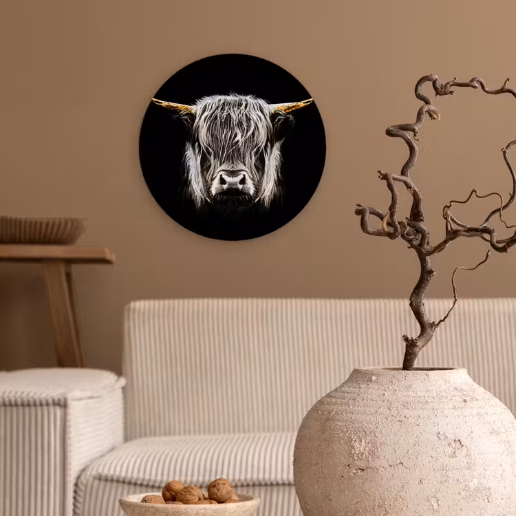 Schotse hooglander - Goud - Hoorns - Zwart wit - Koe - Dieren Wandcirkel kunststof plaat 5mm dik klein -sfeer1