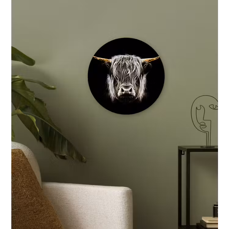 Schotse hooglander - Goud - Hoorns - Zwart wit - Koe - Dieren Wandcirkel kunststof plaat 5mm dik klein -sfeer3