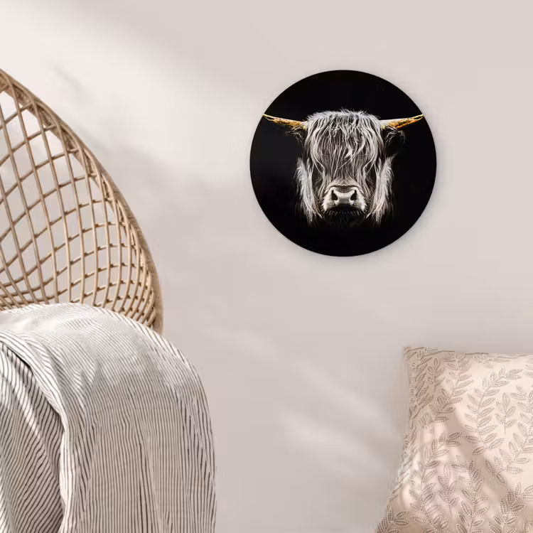 Schotse hooglander - Goud - Hoorns - Zwart wit - Koe - Dieren Wandcirkel kunststof plaat 5mm dik klein -sfeer5