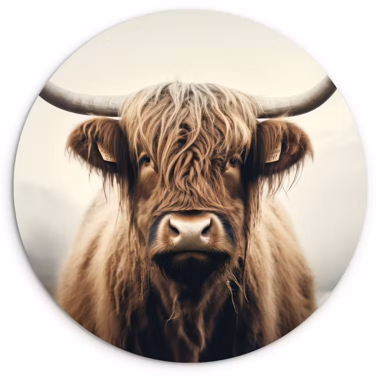 Schotse hooglander - Hoorns - Landschap Wandcirkel kunststof plaat 5mm dik klein -3d